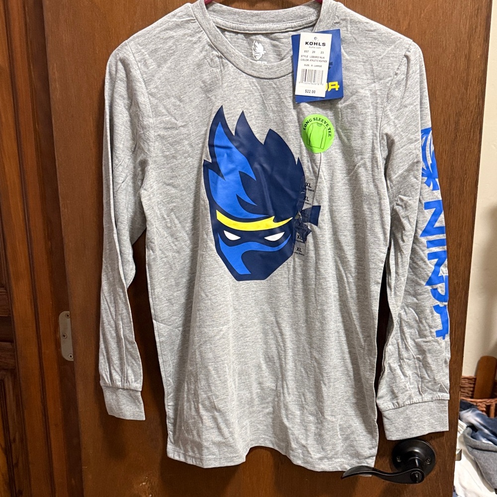 Ninja Kids Gray Long Sleeve Tee with Blue Graphic